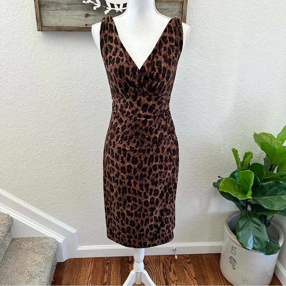 Lauren Ralph Lauren brown animal print ruched front stretch knit dress size 12